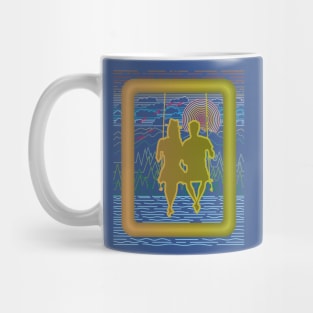 A pair of lovers who are playing on a swing on the edge of the lake Mug